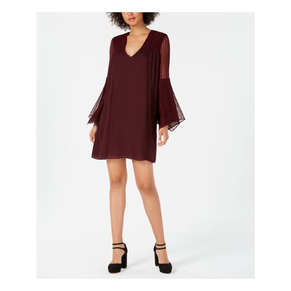 AVEC LES FILLES Womens Burgundy Lace Sleeve V Neck Mini Shift Dress 2